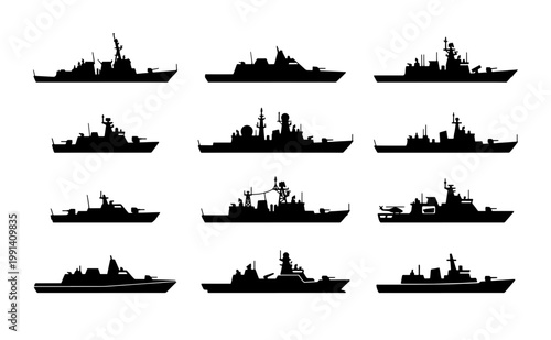 Military warship silhouettes set, 12 naval vessel icons in black vector, destroyer and frigate ship profiles for marine defense and navy graphics