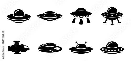 UFO and alien spaceship icon set, black silhouette flying saucer vector graphics, 8 extraterrestrial spacecraft symbols for science fiction design