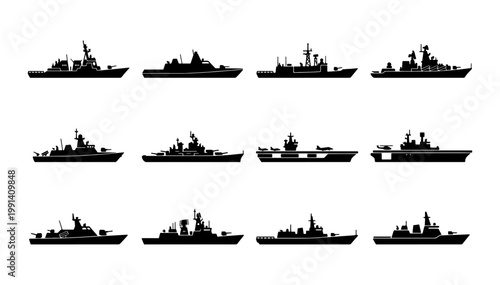 Military warship silhouette collection, 12 naval vessel icons set, black battleship and aircraft carrier silhouettes, maritime defense vector graphics