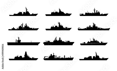 Warship silhouette vector set of 12 naval vessels, military ship icons including aircraft carriers and destroyers, navy fleet collection for tactical design