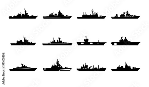 Military warship silhouettes set, 12 naval vessel icons, black battleship and aircraft carrier vector graphics for maritime defense infographics