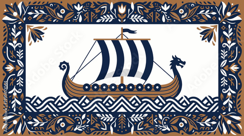 Viking Ship Sailing on the Sea with Decorative Nordic Pattern Border