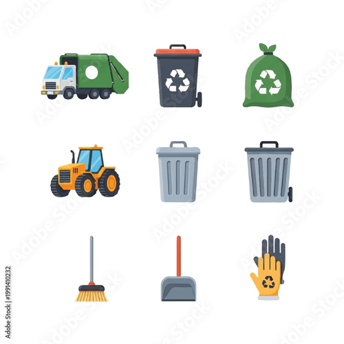 Collection of Sanitation and Cleaning Tools and Vehicles.