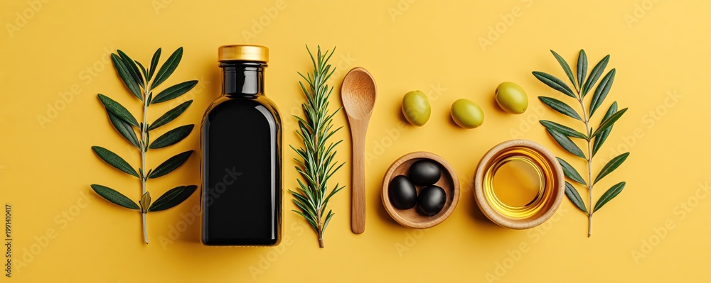 Fototapeta premium Elegant composition of olive oil and olives on a yellow surface