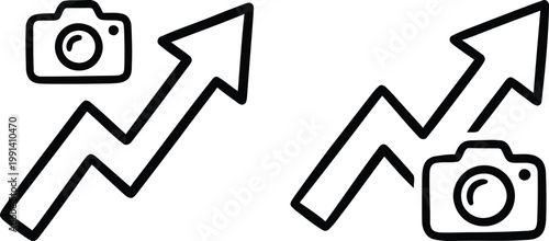 Simple line art icons showing a camera with a rising growth arrow to represent photography business success and social media engagement analytics for content creators.