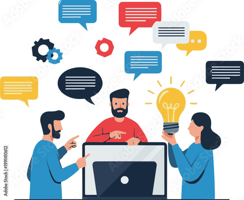 Diverse team of professional colleagues collaborating on a creative startup project while brainstorming new innovative ideas using a laptop computer