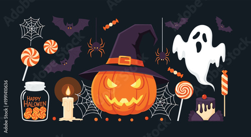 Large collection of festive halloween illustrations featuring a jack o lantern ghost bats candies and spooky party decorations.
