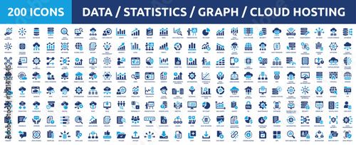Huge set of 200 solid icons. Mega collection concept of data, statistics, analytics, cloud computing, chart and graph. Vector illustration.