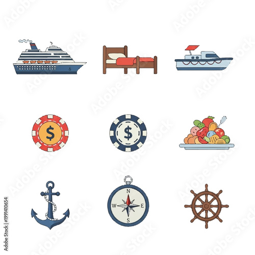 Collection of travel and leisure icons including ships casino chips food and nautical items.