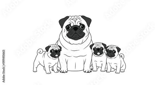 Adorable family of pugs featuring one large adult dog and three small cute puppies in a detailed black and white line art illustration.