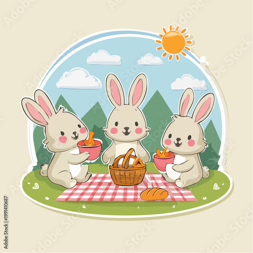 Three cute bunnies enjoying a picnic in the countryside