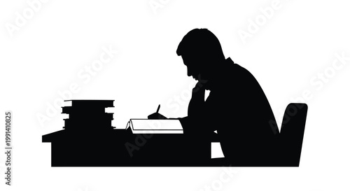 Silhouette of a man studying at a desk with books