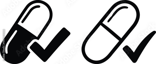 Black and white vector illustration of medical capsules and checkmarks representing successful treatment medication approval and pharmaceutical health care recovery.