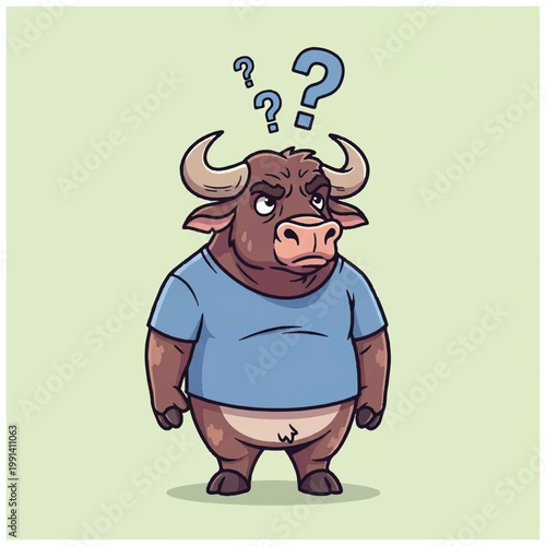 Confused cartoon bull wearing a blue tshirt with question marks above head.