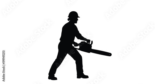 Silhouette of a lumberjack operating a chainsaw against a white background