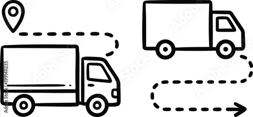 Doodle illustration of a delivery truck following a dashed route path with a location pin symbol representing logistics transportation and shipping tracking services.