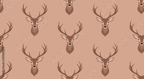 Seamless pattern shows multiple deer heads with large antlers on a light brown background in a repeating design.