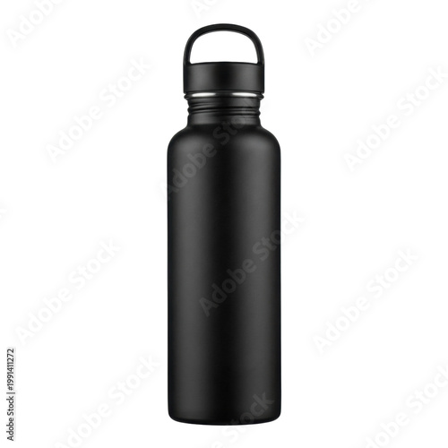 Wallpaper Mural Isolated matte black reusable water bottle with a metal cap and carrying loop on a transparent background, ideal for outdoor activities Torontodigital.ca