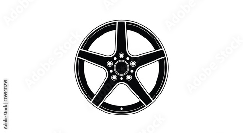 A black and white illustration of a five spoke car wheel design