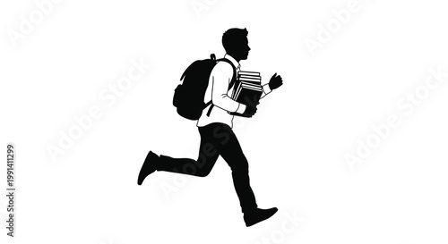 Silhouette of a student running with books and a backpack