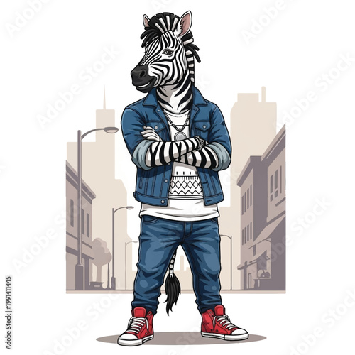 Cool Zebra Character Wearing Denim Jacket and Jeans Standing Confidently.