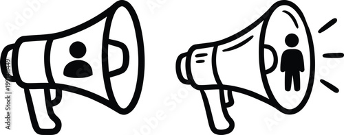 Hand drawn vector illustrations of a megaphone with human icons representing marketing communication public announcements and social media influence on white background