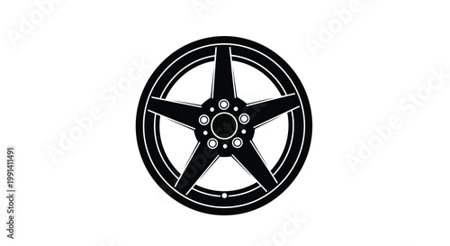 Black and white illustration of a five spoke automotive wheel