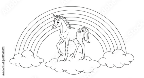 Cute unicorn is standing on a soft cloud in front of a large rainbow in a detailed black and white coloring page style.