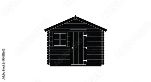 Simple black and white outline of a wooden garden shed with a door and window