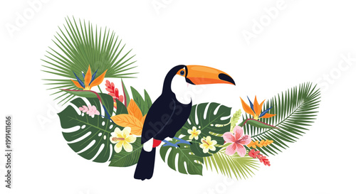 Beautiful toucan bird is perched among lush tropical monstera and palm leaves with various colorful exotic flowers.