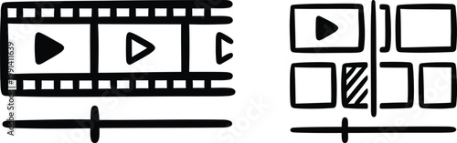 Creative hand-drawn video editing icons showing film strip timelines and montage tracks perfect for multimedia production and digital content creation software interfaces.