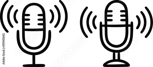 Minimalist black line art illustration of a microphone with sound waves for podcasting and broadcasting concepts isolated on white background for graphic design projects.