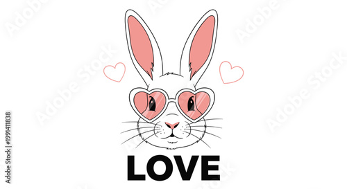 Cute white rabbit is wearing pink heart shaped sunglasses with the word love written in bold black letters below it.
