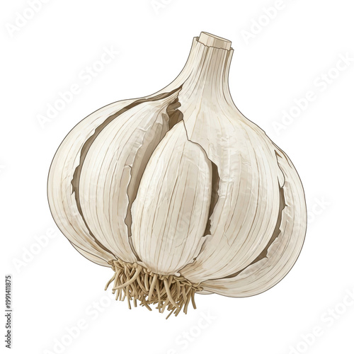 Wallpaper Mural Isolated whole garlic bulb with roots and textured papery skin, healthy food ingredient, culinary herb element Torontodigital.ca