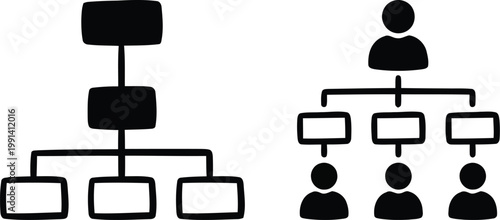 Organizational structure chart icons depicting company hierarchy management flow and team networking connections in a minimalist black and white vector graphic style.