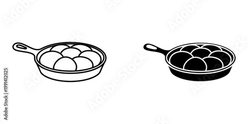 A frying pan filled with delicious round foods is elegantly presented in a clean, isolated vector illustration featuring both outline and solid black icon styles.
