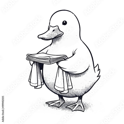 Cute cartoon duckling holding a stack of folded towels.