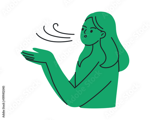 Letting go concept scene, monochrome flat cartoon girl blowing troubles off open palms. Acceptance and emotional release, mental health and mindfulness psychological practice vector illustration