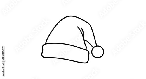 Simple black and white line art drawing of a Santa Claus hat with a fluffy trim and a pom pom on the end of the tip.