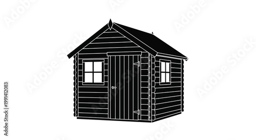 Simple black and white illustration of a wooden garden shed with a door and windows