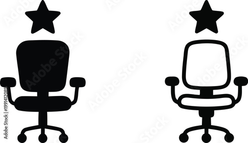 Set of hand drawn office chair icons with a star symbol representing career success leadership and promotion in a minimalist black and white doodle style for business design.