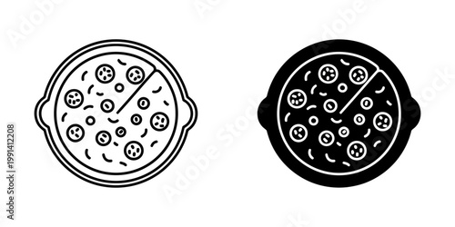 Round pizza with pepperoni and cheese shown in outline and solid black silhouette icons, delicious italian food illustration.