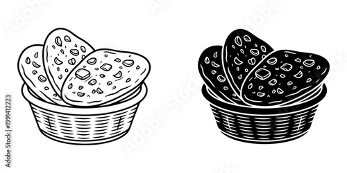Basket of freshly baked bread rolls in outline and solid black silhouette icons, rustic artisanal bakery products illustration.
