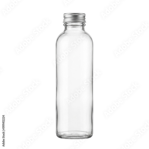 Wallpaper Mural Clear glass bottle with silver metal cap, isolated empty container for beverages or liquids on a transparent background, simple beverage packaging Torontodigital.ca