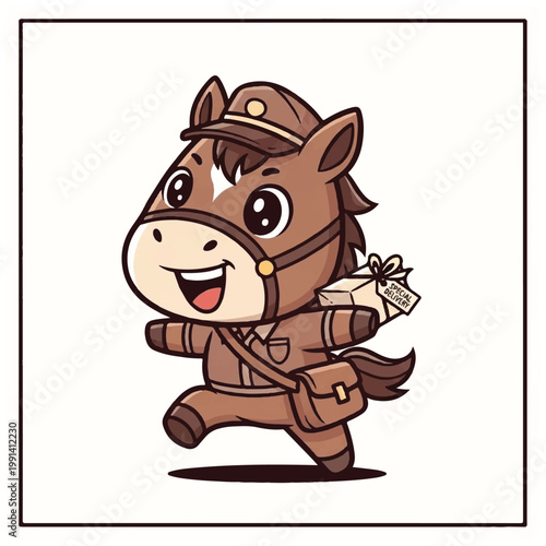 Cute cartoon horse character dressed as a mail carrier delivering a package.
