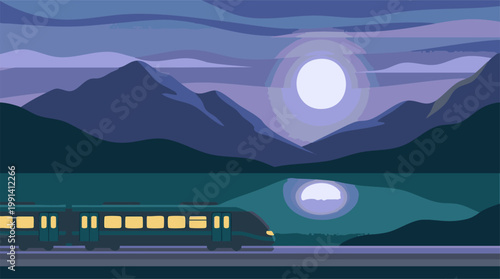 Tableau sur toile Modern train on railway through moonlit mountain lake at night