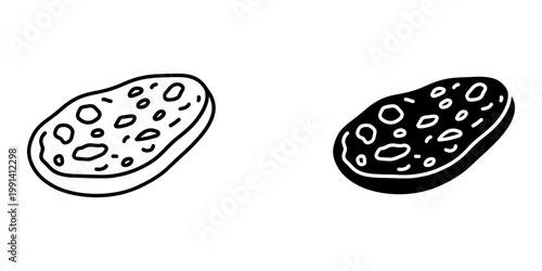 Single oval bread roll with toppings in outline and solid black silhouette icons, artisanal baked goods illustration.