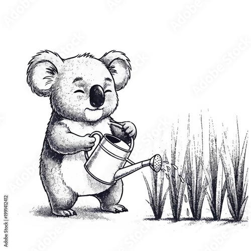 Cute cartoon koala watering plants with a watering can.