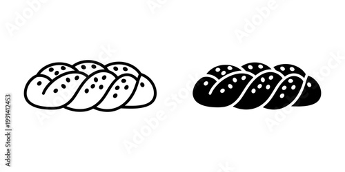 Challah bread icons set featuring outline and black silhouette versions of braided jewish loaf with sesame seeds on top for shabbat and holiday meals isolated on white background graphic elements.