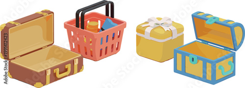 Isometric Illustration of Various Storage Containers, Suitcase, Shopping Basket, Gift Box, and Treasure Chest